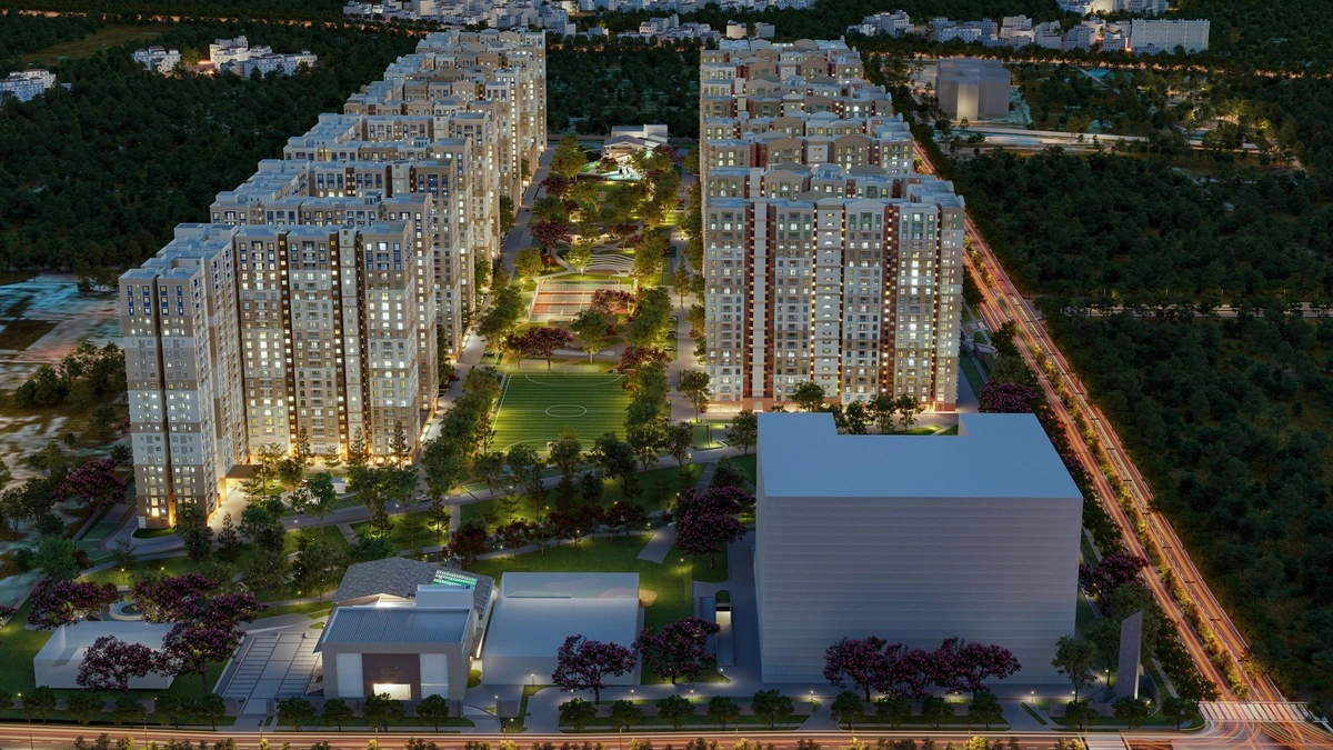 Brigade KIADB Township aerial night view of layout