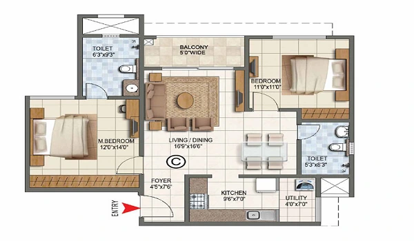 2 BHK, 1,100 - 1,250 sq.ft. floor plan layout at Brigade KIADB Township showing living, dining, two bedrooms and balcony