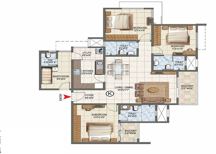 3 BHK, 1,400 - 2,250 sq ft floor plan layout at Brigade KIADB Township showing living, dining, three bedrooms and balconies