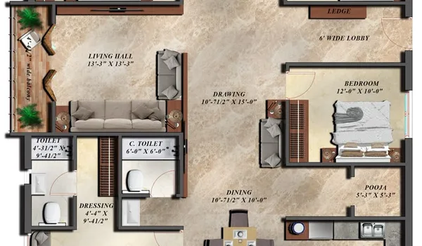 4 BHK 2,400 sq ft floor plan layout at Brigade KIADB Township showing living, dining, four bedrooms, utility and balconies