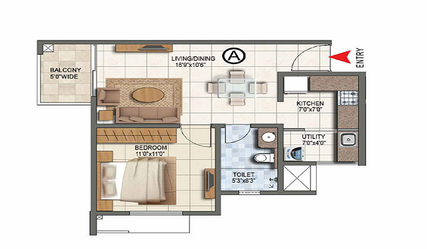 Compact Unit, 550 - 800 sq.ft. floor plan layout at Brigade KIADB Township showing living, dining, 1 bedrooms and balcony